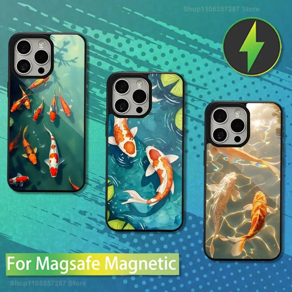 

Art Lotus leaf Fish Phone Case For iPhone Mini,13,15,Pro,Max,For Magsafe,17,14,Plus,12,11,16,Magnetic Wireless Charging
