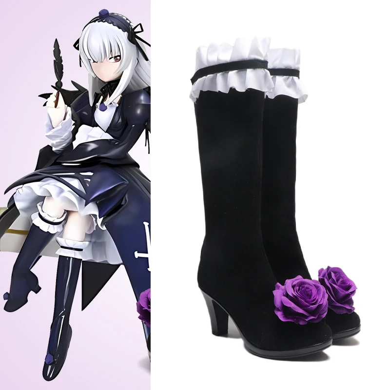 New! cos Mercury Lampe Cosplay Anime prop Women Shoes Vintage Lace Lacy Rosebud Black Mid Calf Customized Heeled Boots