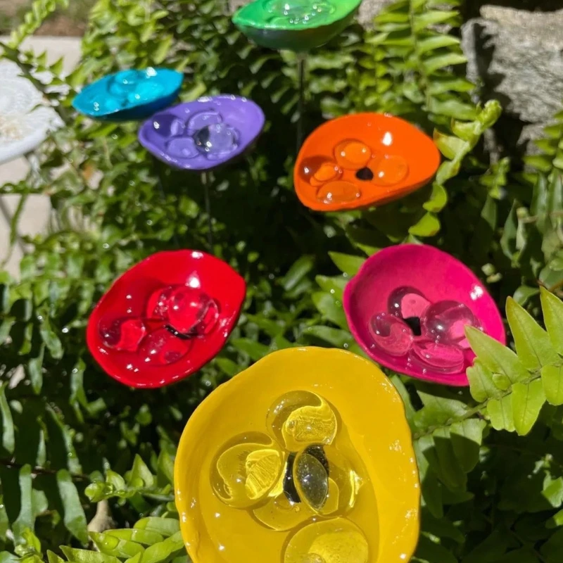 Colorful Bees Watering Cup Miniature Pollinators Water Source Stake for Outdoor Spaces and Wildlife Shelter