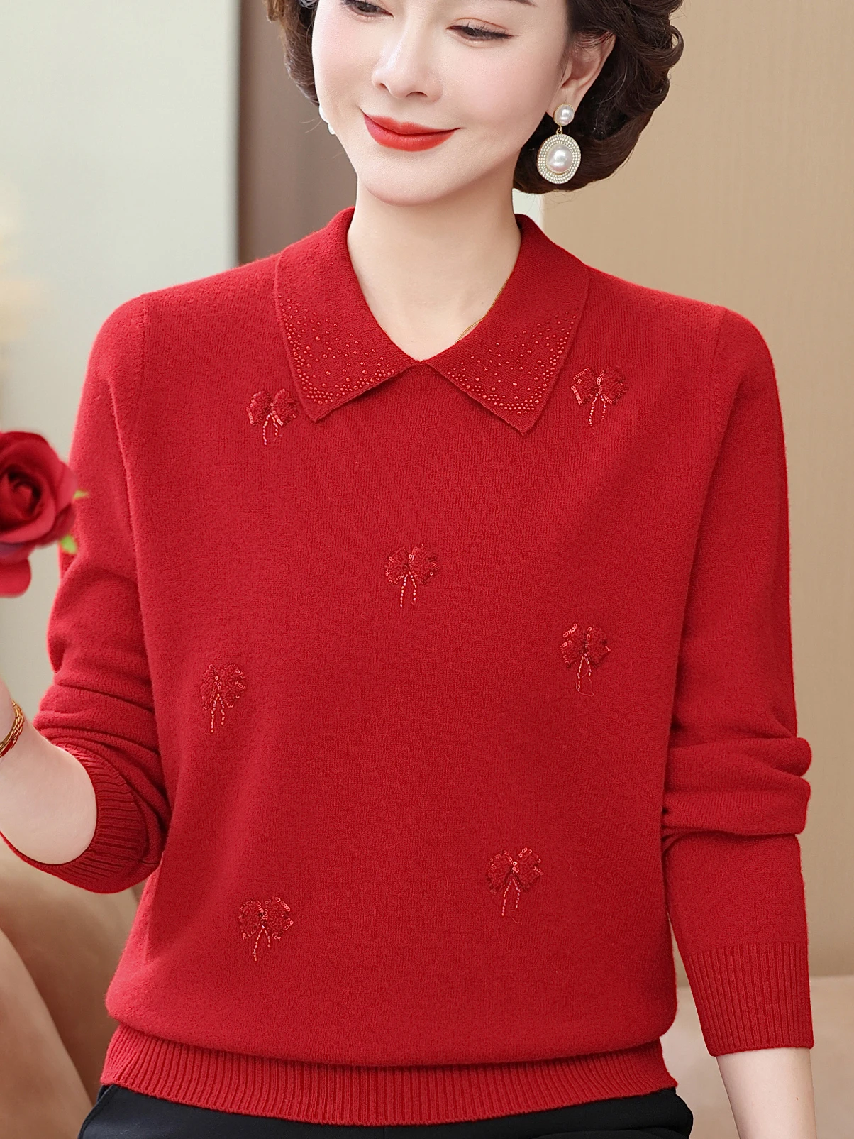 

Модный красный вязаный свитер с воротником и вышивкой, шерстяная основа для женщин среднего возраста и ly Mom Sle A...