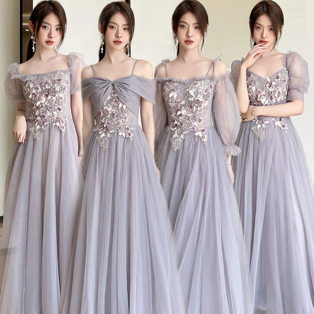 

Светло-фиолетовое платье подружки невесты, женское 4-слойное платье с цветочной аппликацией, элегантное платье для выпускного вечера длиной до щиколотки, вечерние платья трапециевидной формы для сестер