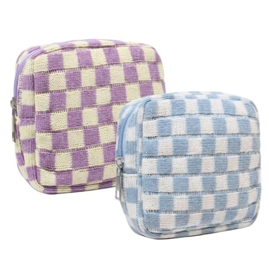 2 Pieces Makeup Bag Small, Mini Checkered Make Up Bag Travel Cute Cosmetic Bags for Women Preppy Makeup Pouch for Purse Zipper