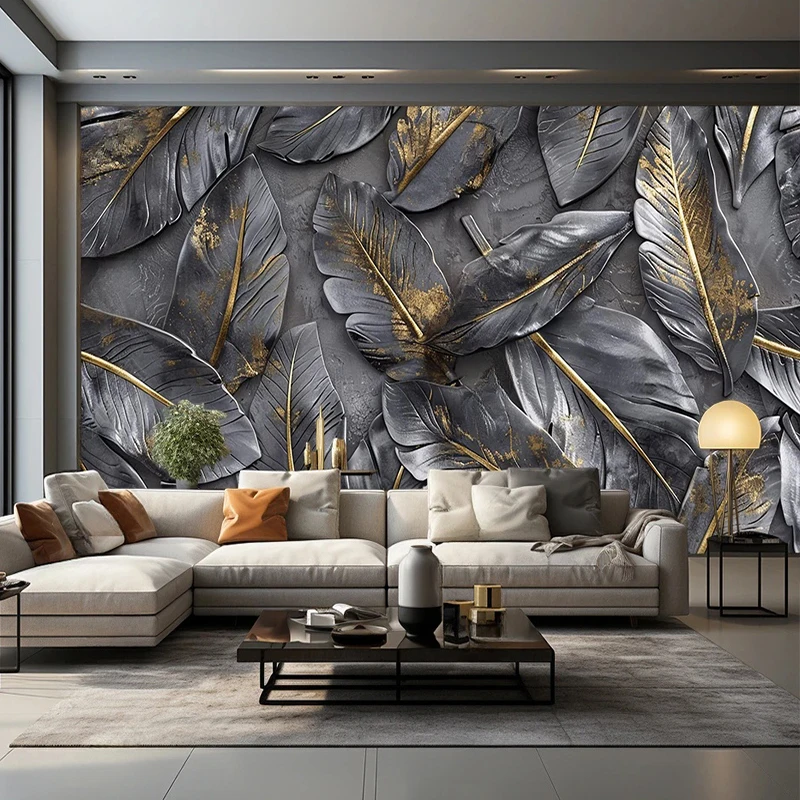 

Custom Photo Wallpaper Murals Creative Luxury Black Gold Leaves Poster Living Room Sofa TV Background Mural 3D Papel De Parede