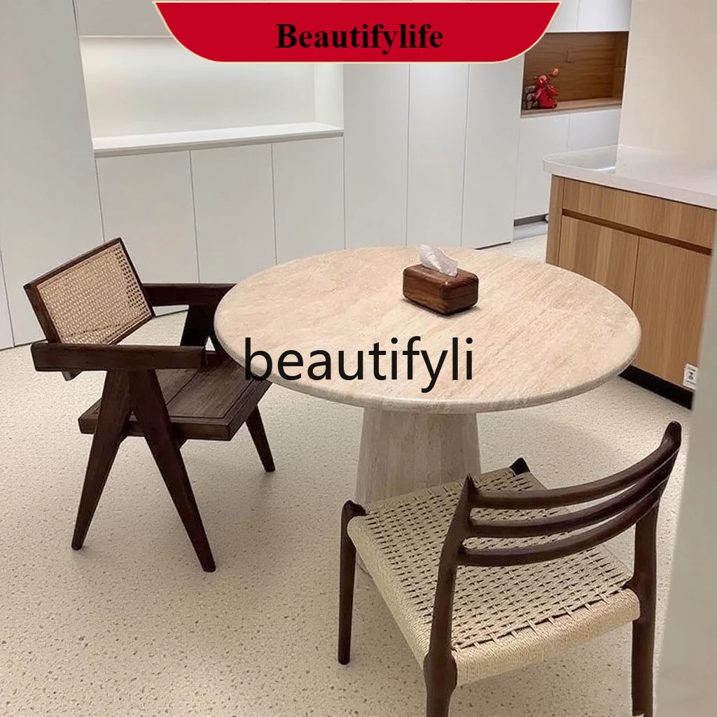 

Q132 French Natural Travertine Dining Table Designer Marble Living Room Light Luxury Round Dining Table