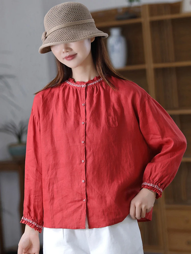 100% lin femmes à manches longues chemise décontractée nouveauté 2025 automne Style Vintage couleur unie ample femmes hauts chemises M1902
