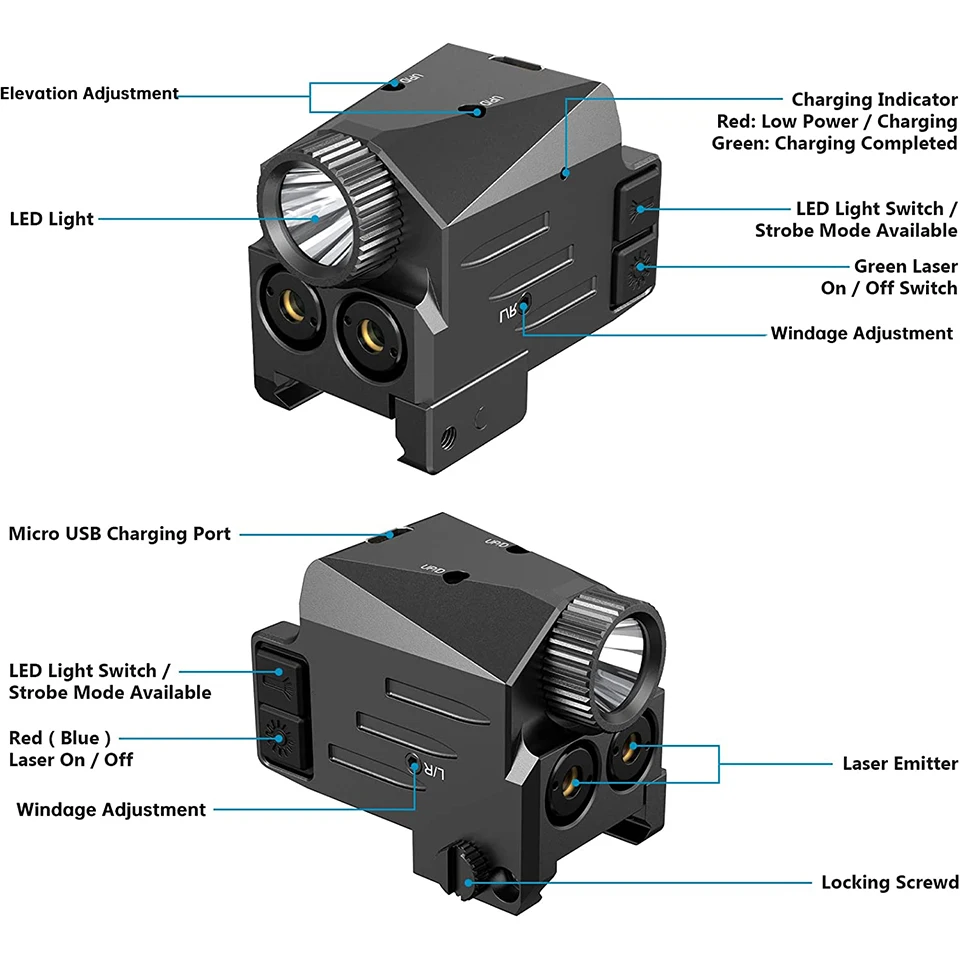 Imagem -04 - Lanterna Tática Azul Verde Vermelho Verde Laser Led Combo Compacto Pistola Luz Usb Recarregável Arma Luz para Pistolas 500lm