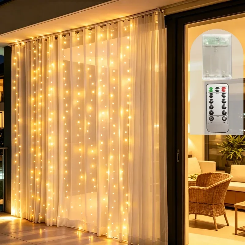 Battery Powered LED Curtain String Light 8 Modes Christmas LED Fairy Lights for Wedding Party Home Background Decoration