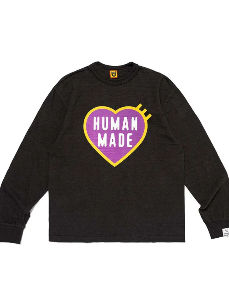 Human Made Heart Long Sleeve T Shirt Letter Print Loose Crewneck Unisex Casual