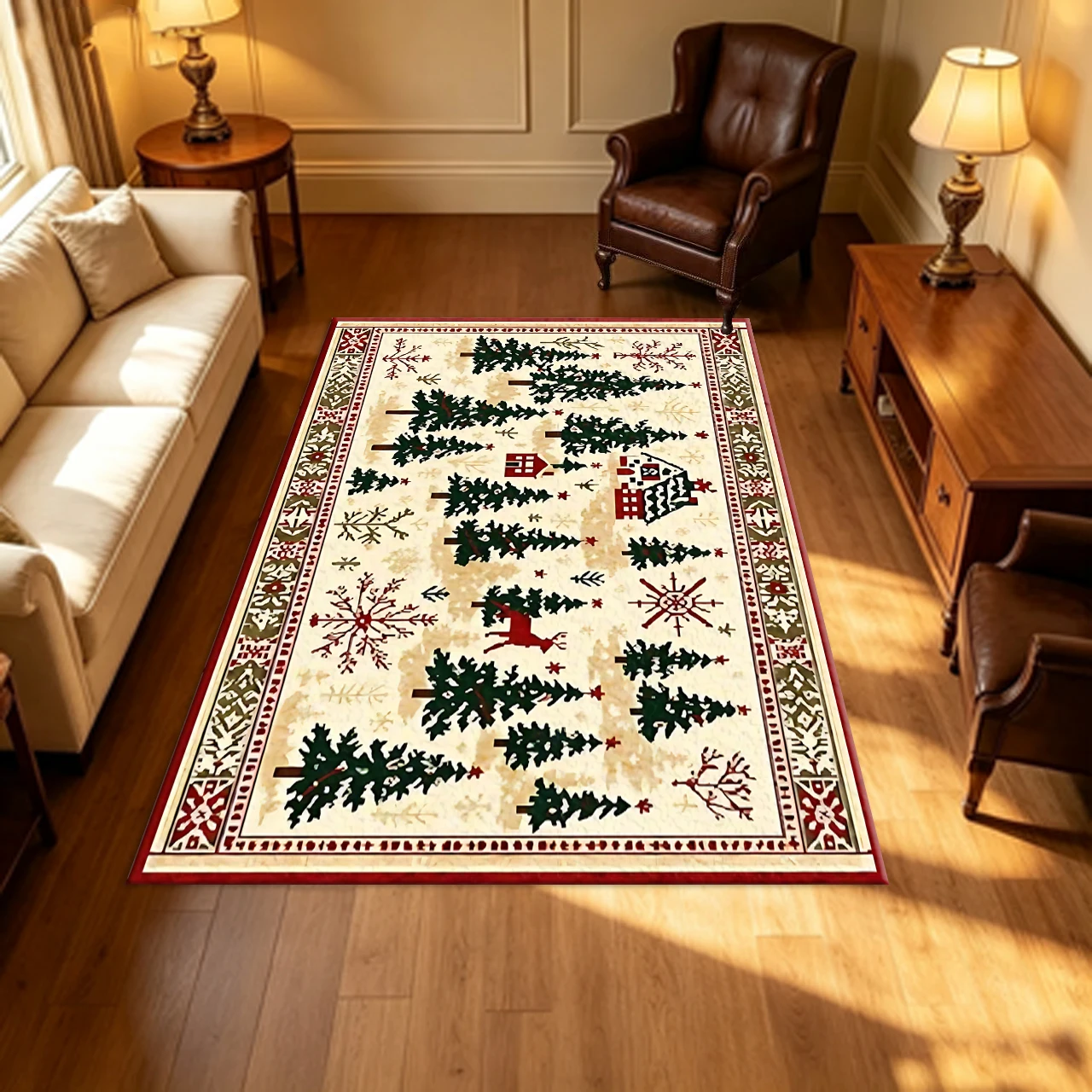 Forest Christmas Tree Reindeer Cabin Carpet