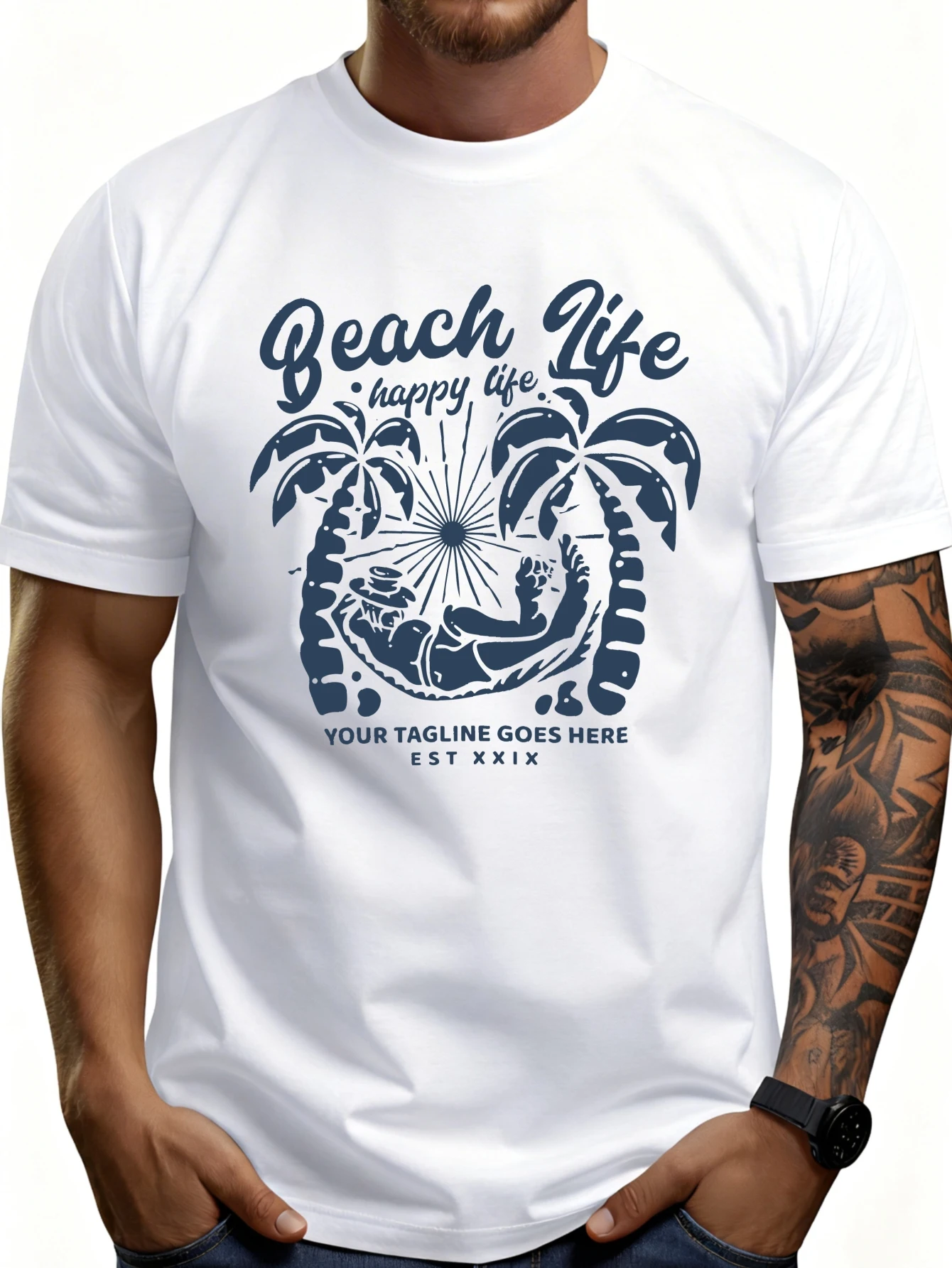 Men's Plain Graphic T-Shirt - Breathable, Soft, Lightweight - Beach Life, Happy Life, Palm Trees, Sun Rays, Relaxation - Vintage Fun Graphic Casual Short Sleeve Summer Top, Gift for Him