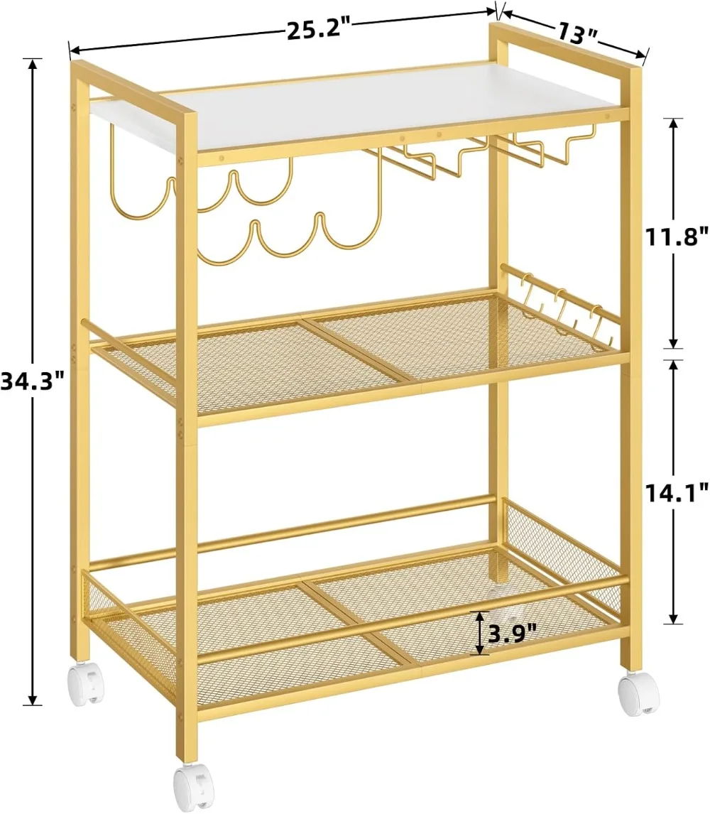 3-Tier Rolling Bar Cart with Wine Rack and Glass Holder, Mobile Kitchen Shelf for Dining Room, Gold view 2