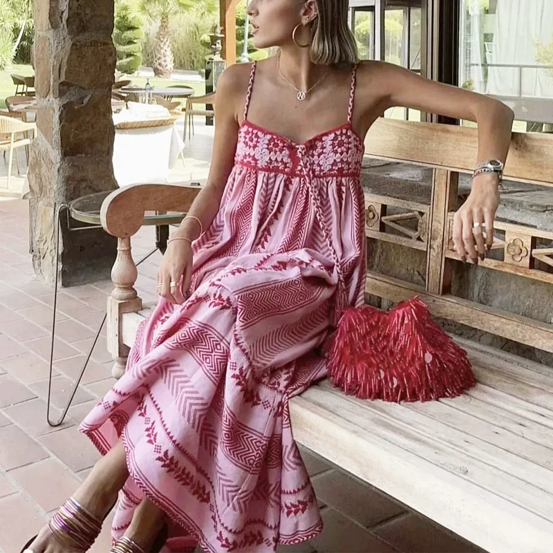 HXAO – robe longue mi-longue élégante pour femmes, mode décontractée, imprimé papillon brodé, à lacets, été, 2024