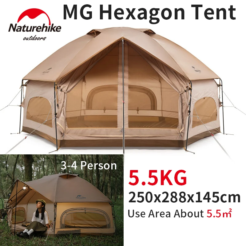 Naturehike MG Hexagonal Tent Outdoor Portable Family Hiking Windproof Waterproof Breathable Large Space 3-4 Person tourist tent