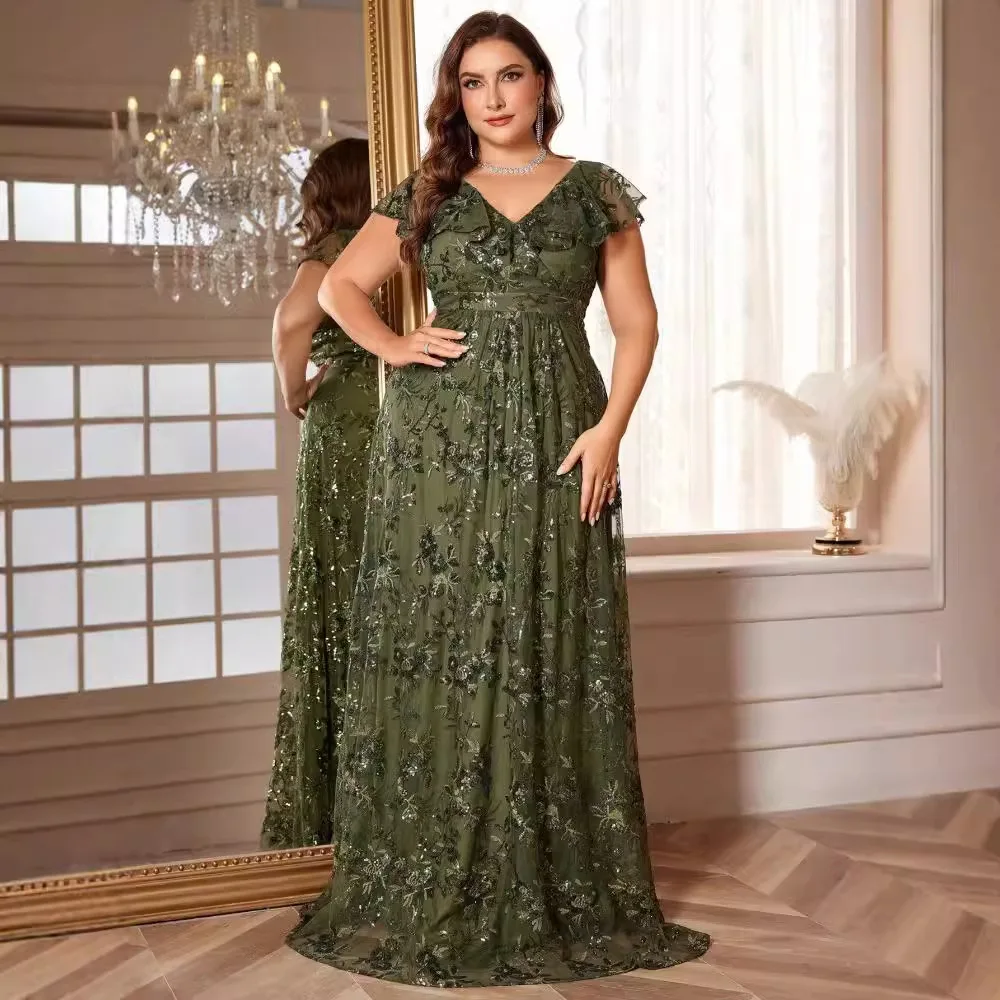 

Plus Size Olive Green Floral Sequin Tulle Maxi Dress V Neck Ruffle Cap Sleeve Empire Waist Flowy A Line Bridesmaid Evening Gown