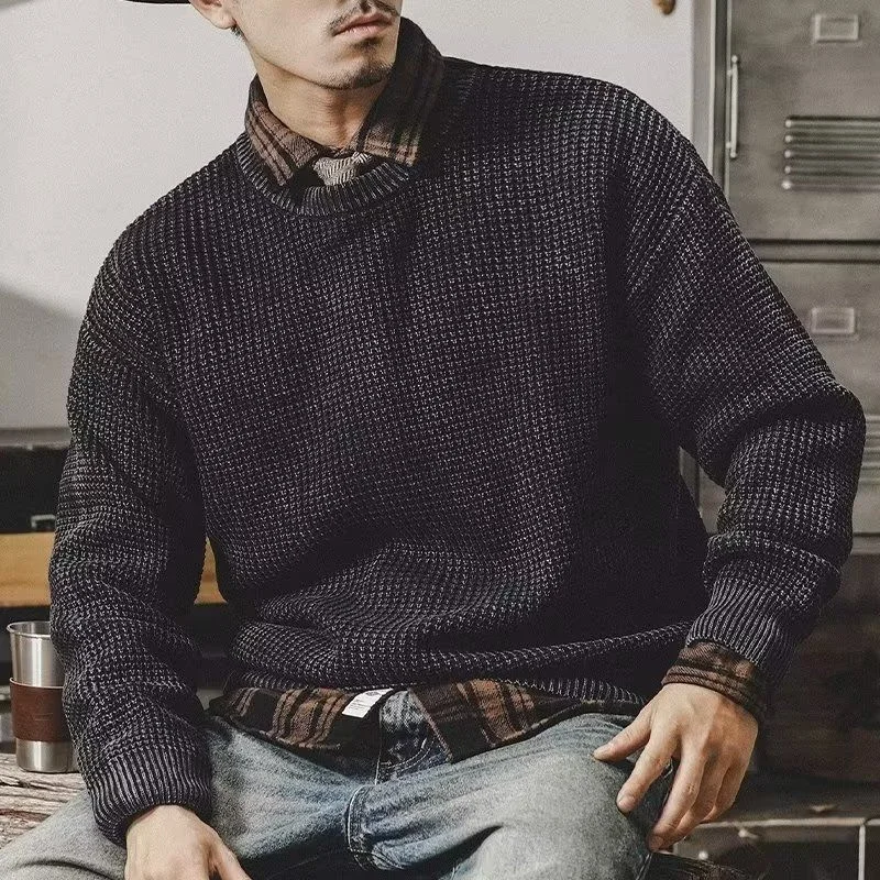 Camisola americana Vintage casual masculina, parte superior de malha manga longa, fio grosso, roupa básica versátil minimalista, gola redonda,