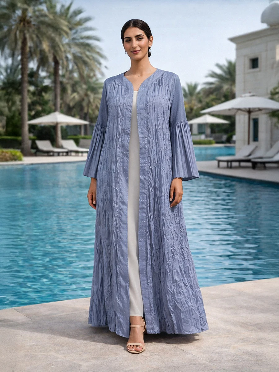 Heavy-duty crepe textured Dubai robe women's elegant flared long-sleeved cardigan Middle Eastern Arabian clothing