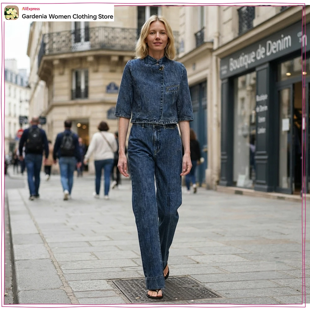 Fashion Women's Denim Pant Sets Cowgirls 2 Piece Sets High Neck Short Sleeves Cropped Denim Blazer Matching Slim Fit Flare Jeans