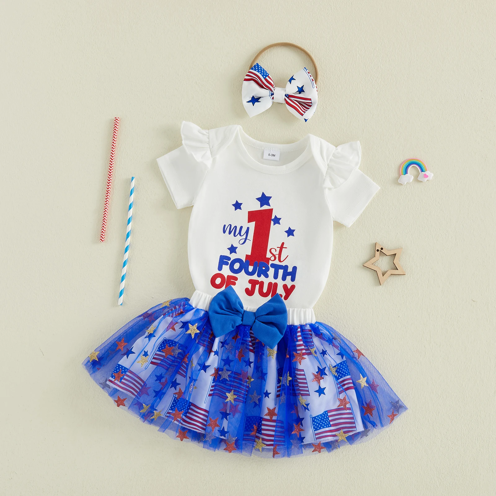 Toddler Girl My First 4th of July Outfits Adorable Letter Star Print Short Sleeve Crew Neck Jumpsuit Tulle Skirt Headband Set