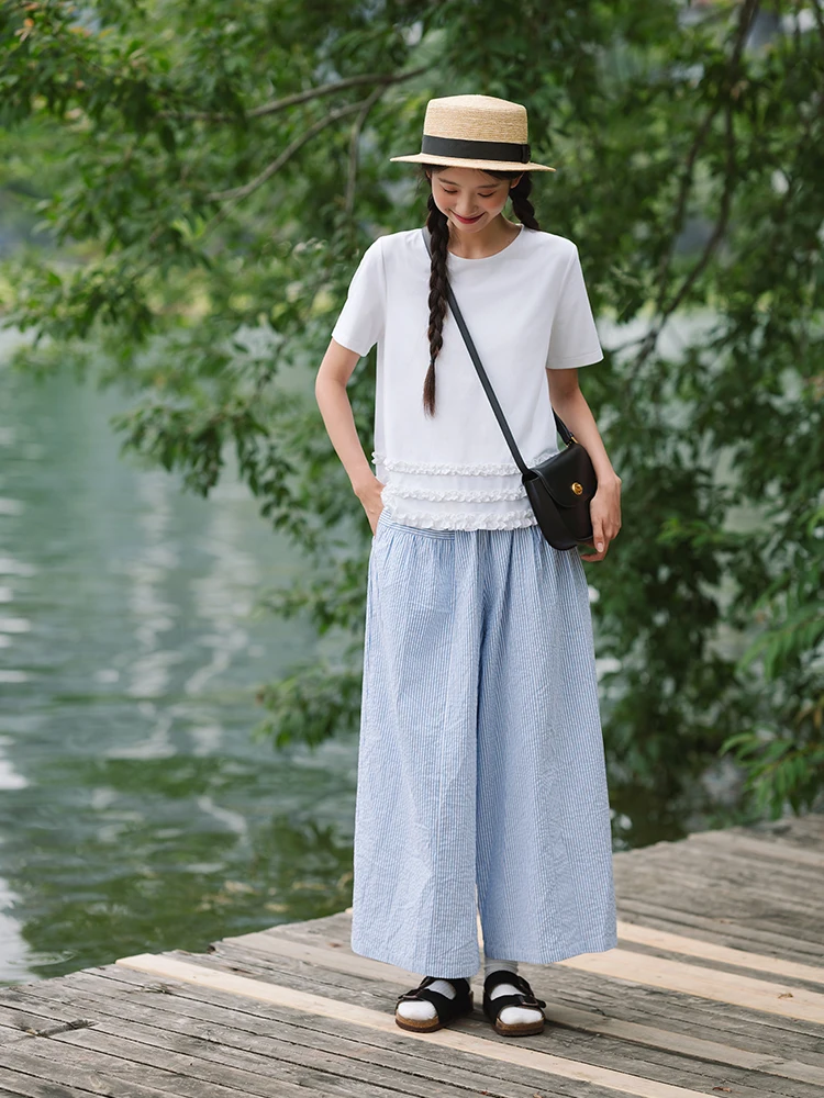 

Удобные хлопковые полосатые брюки с широкими штанинами, тонкие, синие, летние, повседневные, художественные, с высокой талией, прямого кроя, для работы и отдыха