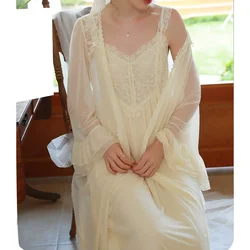 2PCS Robe Set Female Court Style Satin Nightdress Sexy Lace Trim Sleep Suit Princess Home Dress Gown Spaghetti Strap Nightwear