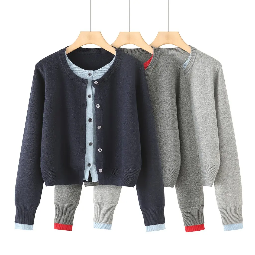 

Женский вязаный кардиган контрастного цвета, искусственный двухсекционный дизайн, облегающая верхняя одежда в корейском стиле на осень-зиму