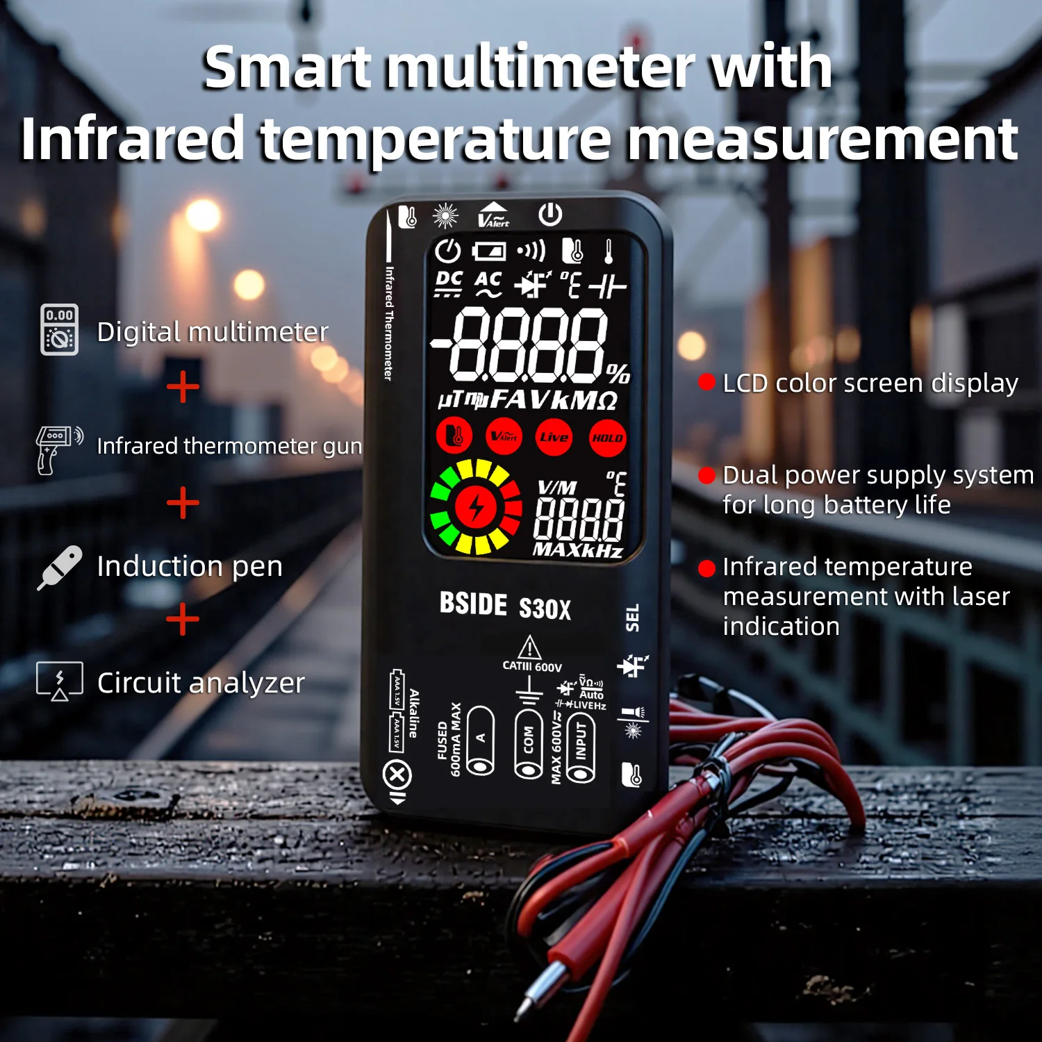 Multímetro Digital BSIDE S30X, Detector de voltaje de medición rápida, termómetro infrarrojo 9999, electricistas recargables, reparación de automóviles