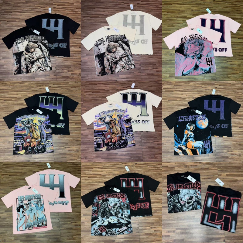 Europe America Streetwear Life Hustlers T-Shirt High Quality Hip Hop Bulldog Pattern Rhinestone Short Sleeve Men Women
