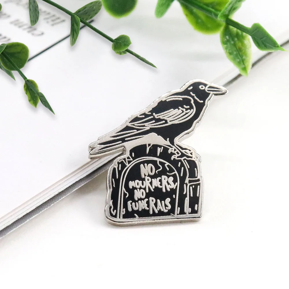 Crow Black Bird No Mourners No Funerals Raven Halloween Decor Brooch For Lapel Coat Badge