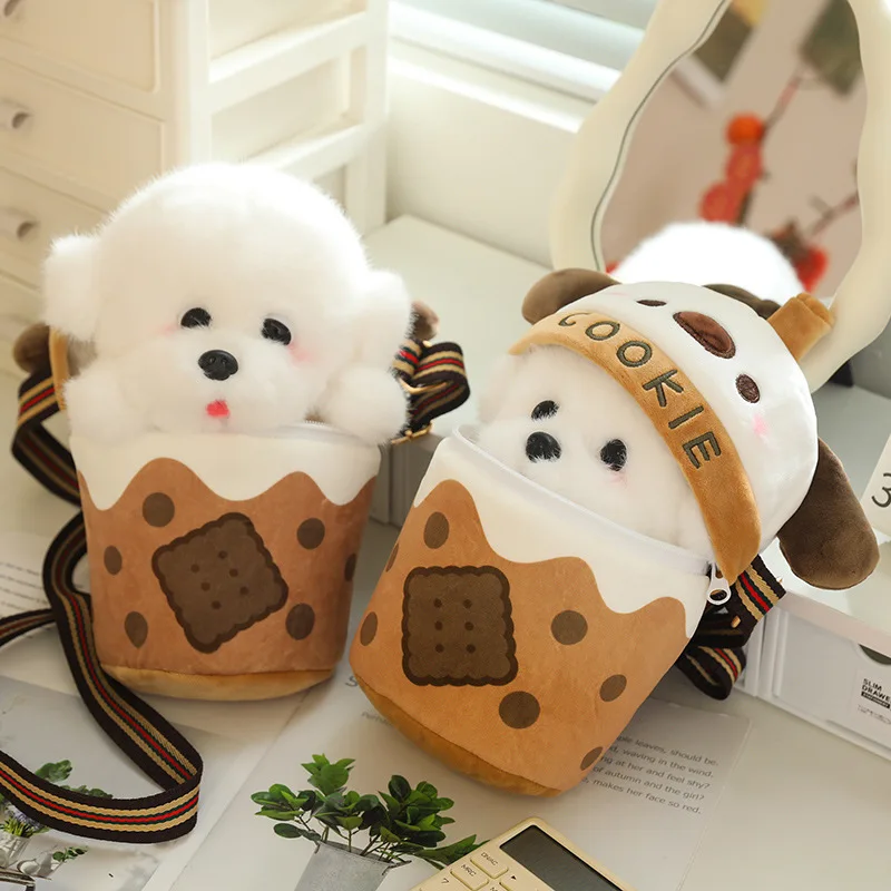 Milk Tea Cup Plush Backpack Dog Plush Toy  Shoulder bag Dog Doll Diagonal Cross Shoulder bag Children's Day Gift