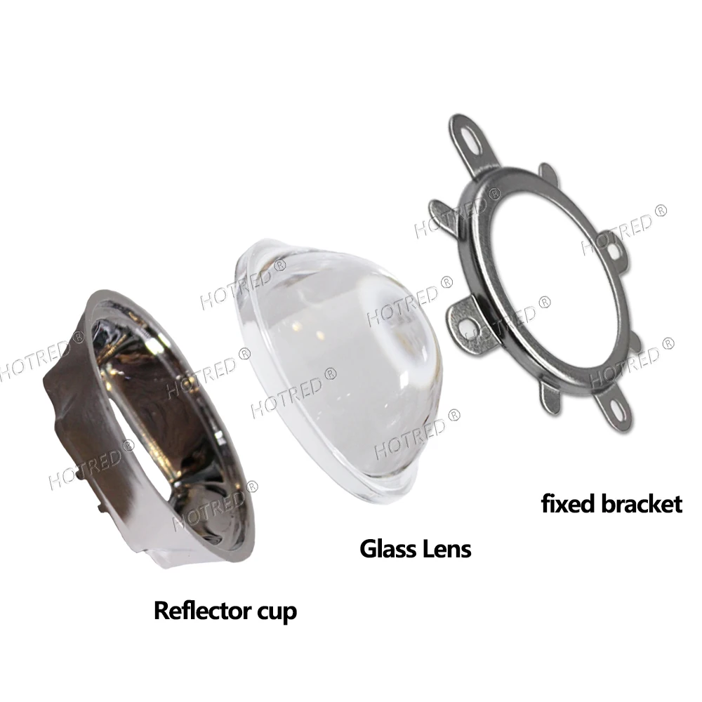 1 Juego de lentes LED de 44mm con enfoque de vidrio óptico de 60 y 120 grados + colimador reflector de 50mm + soporte fijo para LED COB de 20W 30W