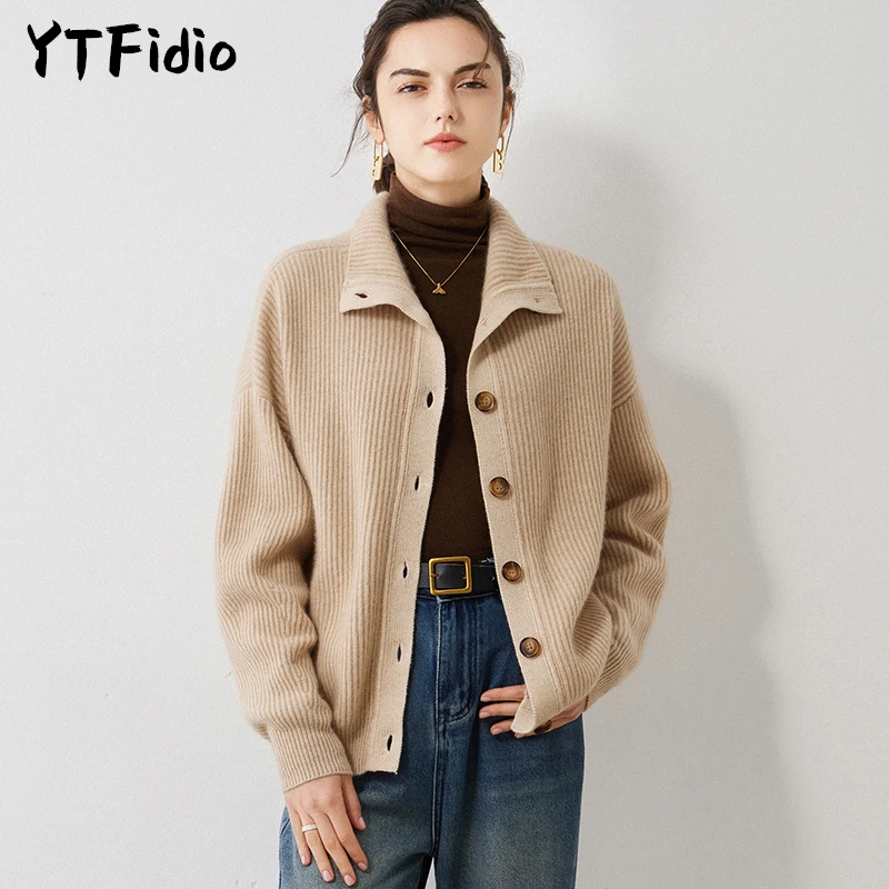 YTFidio 100% Cashmere Women Basin Necked Cardigan Warm Soft Buttons Cardigan Office Lady Solid Pullover Female Tops 14