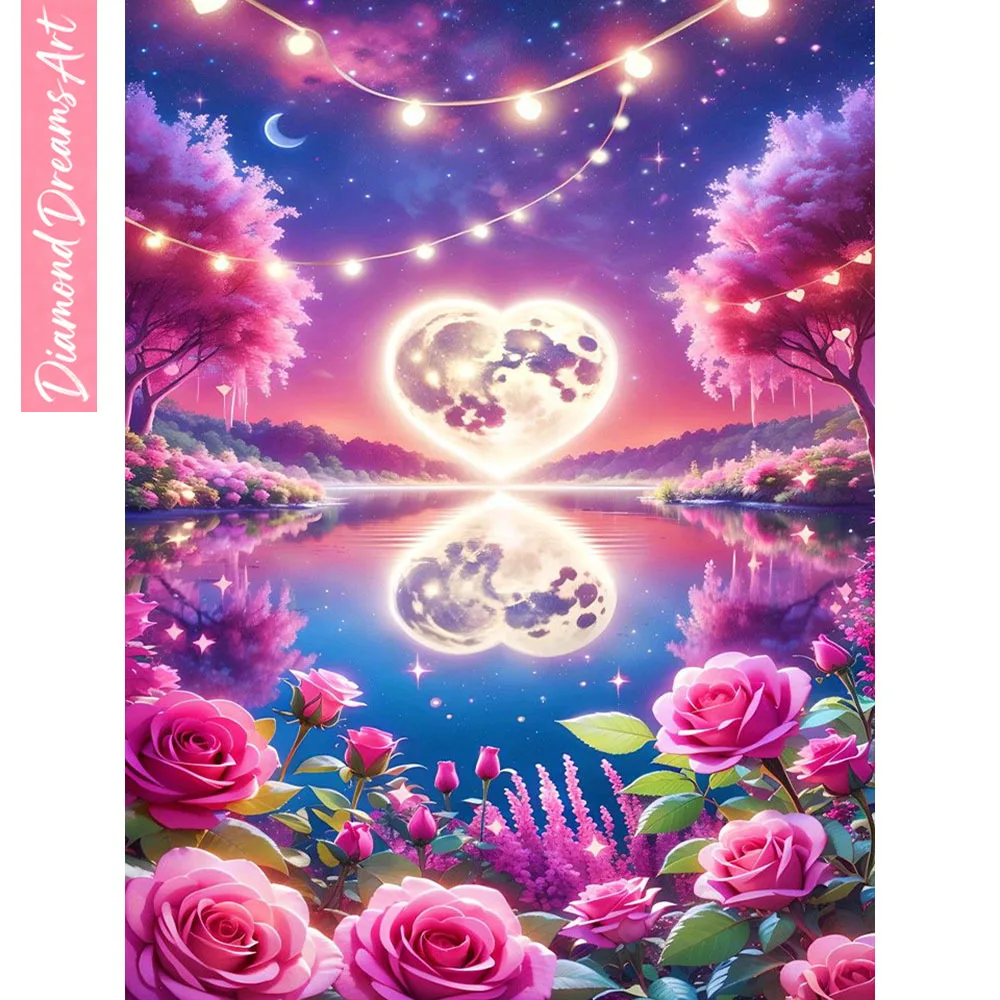 

DIY Diamond Painting Rose River Moon Diamond Mosaic Flower Landscape Art Decorative Paintings,frameless