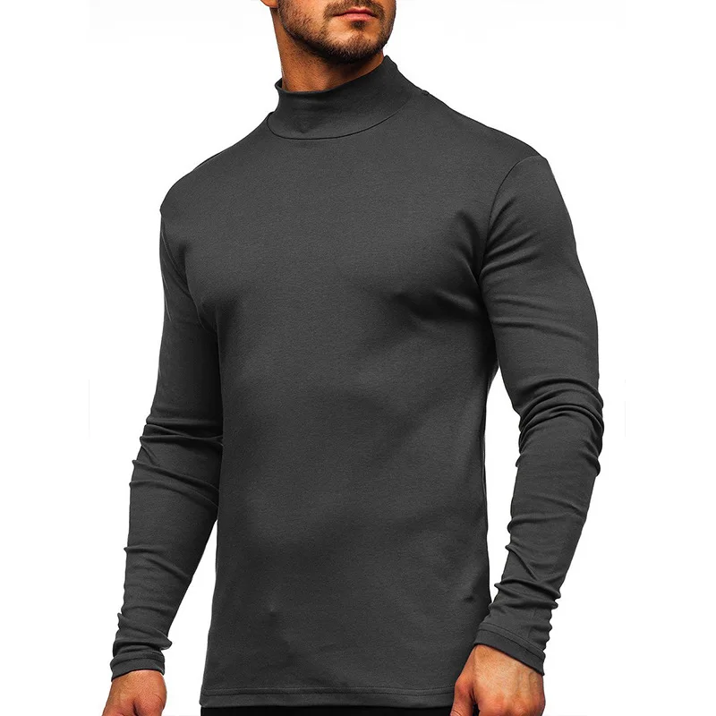 

Spring New Fashion Warm Versatile German Velvet Half High Collar Men's T-shirt Solid Patchwork Casual Simple Long Sleeved Top