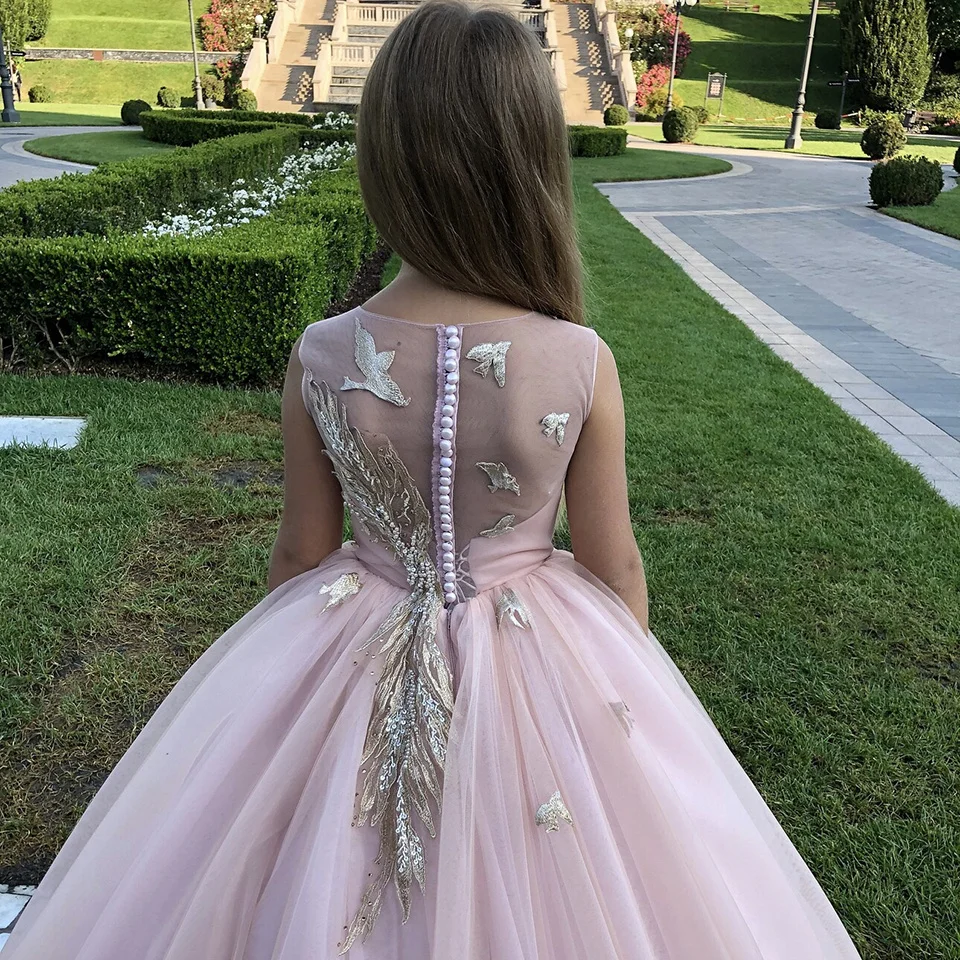 Light Pink Flower Girl Dress For Wedding Tulle Floor Length Sleeveless Princess Child Birthday Party Ball Gown Evening Dress