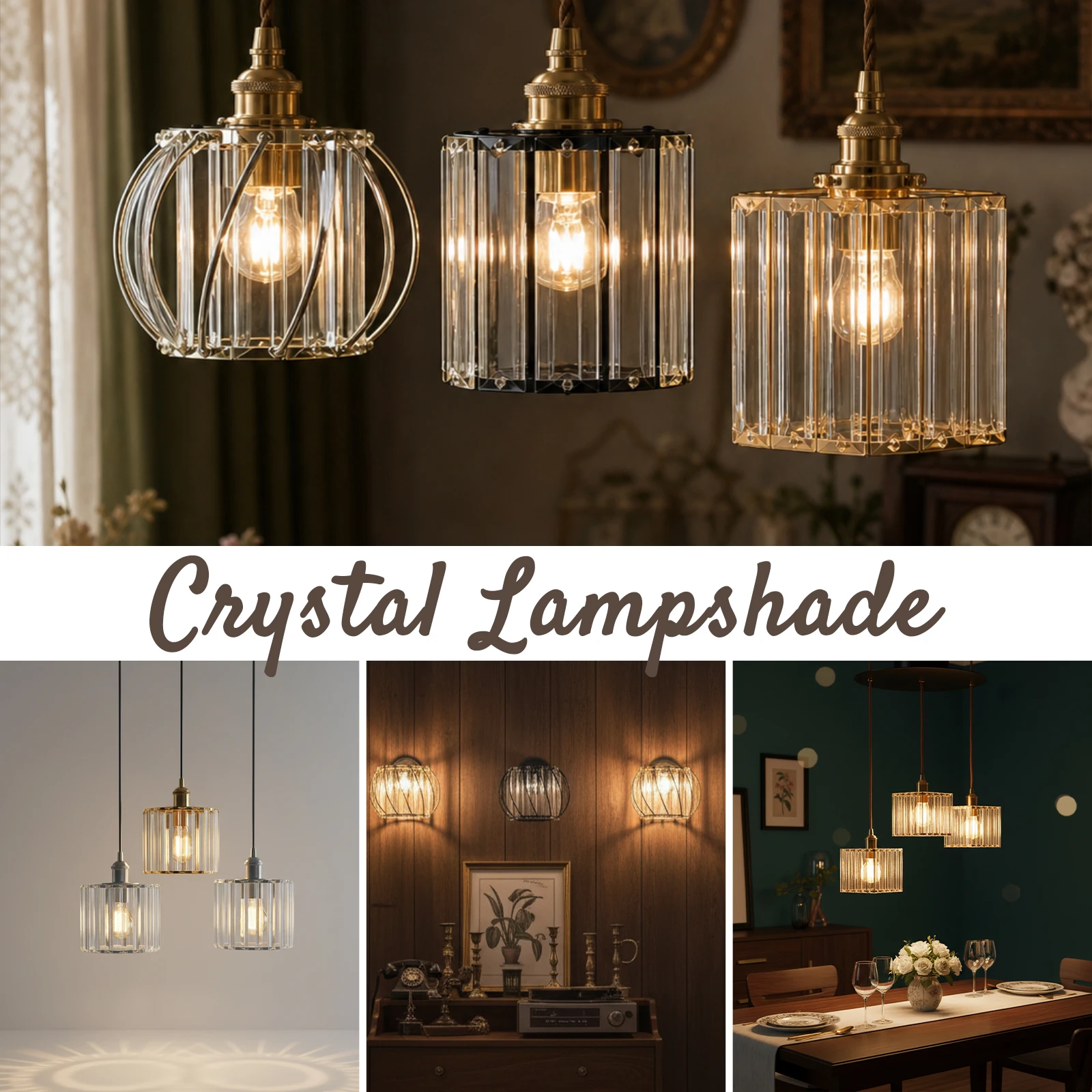 Modern Clear Faceted Crystal Lampshade Cylinder Shape Light Shade Replacement 3 Metal Finishes Decorative Lamp Cover for Dining