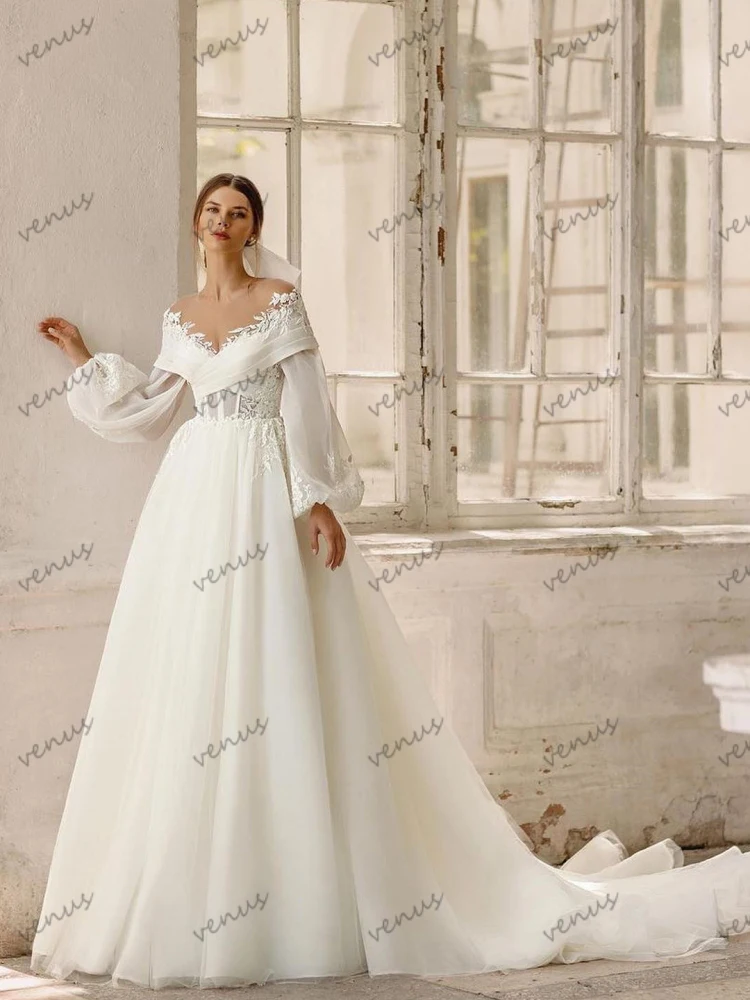 Exquisitos Vestidos De Novia De línea a, Vestidos De Novia con apliques De encaje, hombros descubiertos, mangas abullonadas, elegantes Vestidos De Novia 2024