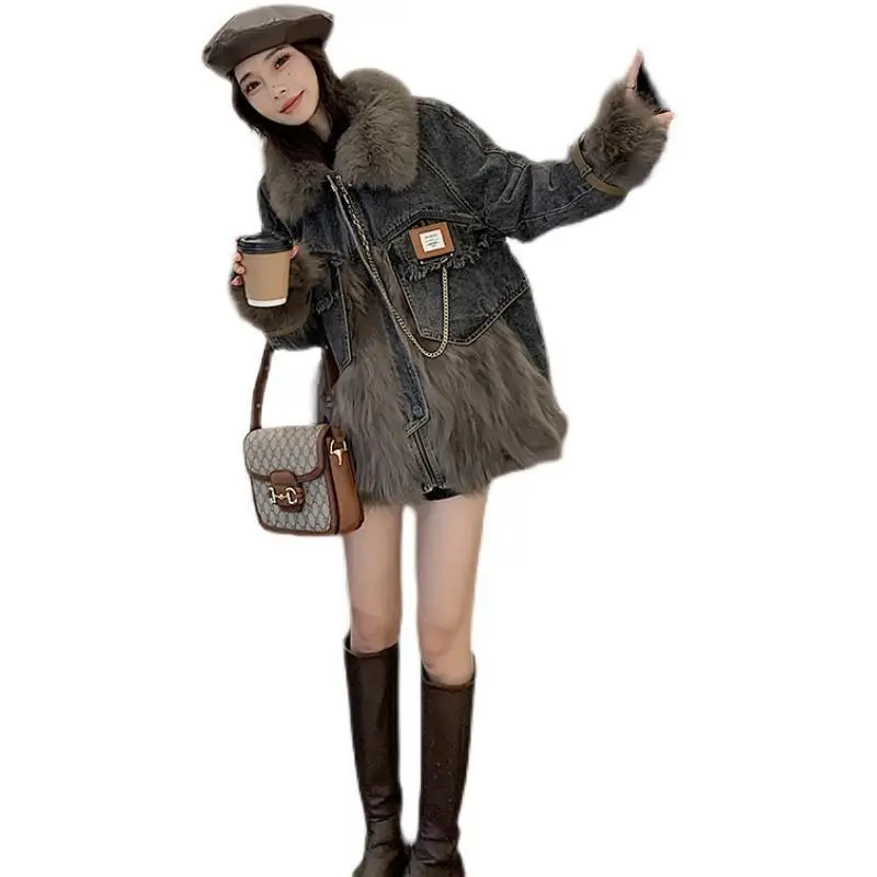 Denim Fur Patchwork Faux Down Jacket for Women 2025 New Parkas Winter Fashion Coat  Faux Fox Fur Collar Young Overcoat