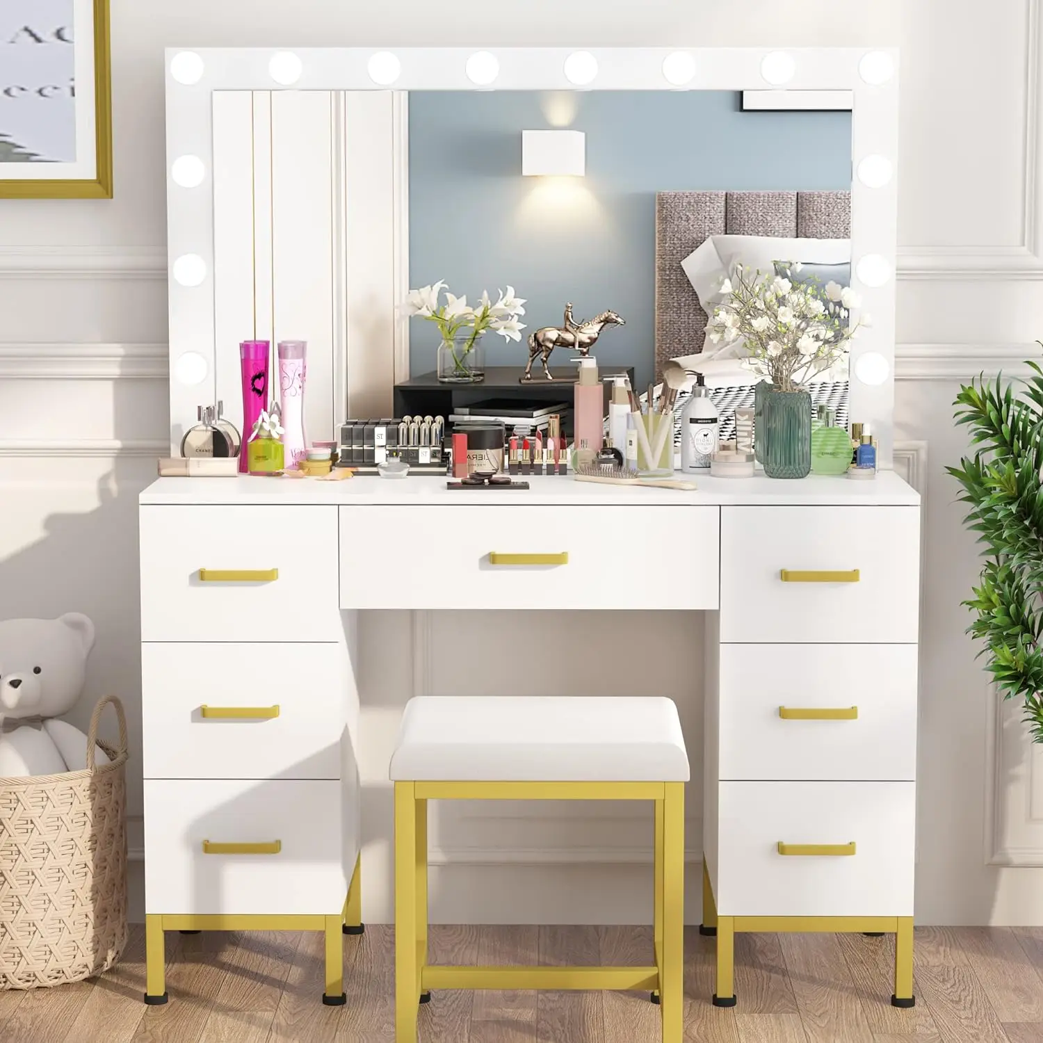 

Modern Makeup Vanity with Lighted Bulbs, 44'' with Mirror and Lights, 7 Drawers, 14PCS LED Bulbs, Cushioned Stool, for Bedroom