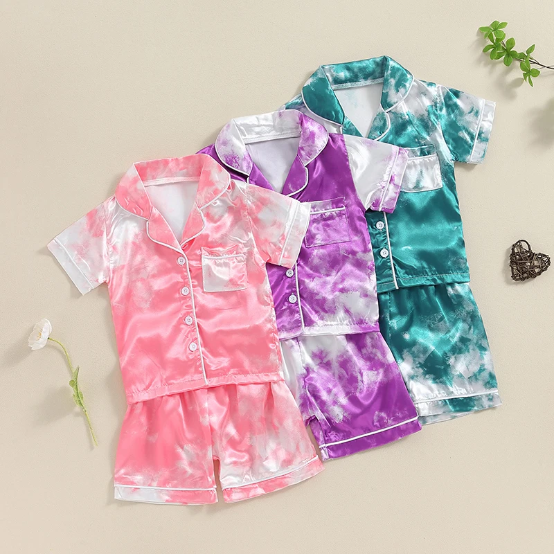 2024-04-18 Lioraitiin Kids Girls Summer Pajama Sets Short Sleeve Lapel Tie Dye Print Shirt Shorts Sleepwear Casual Homewear