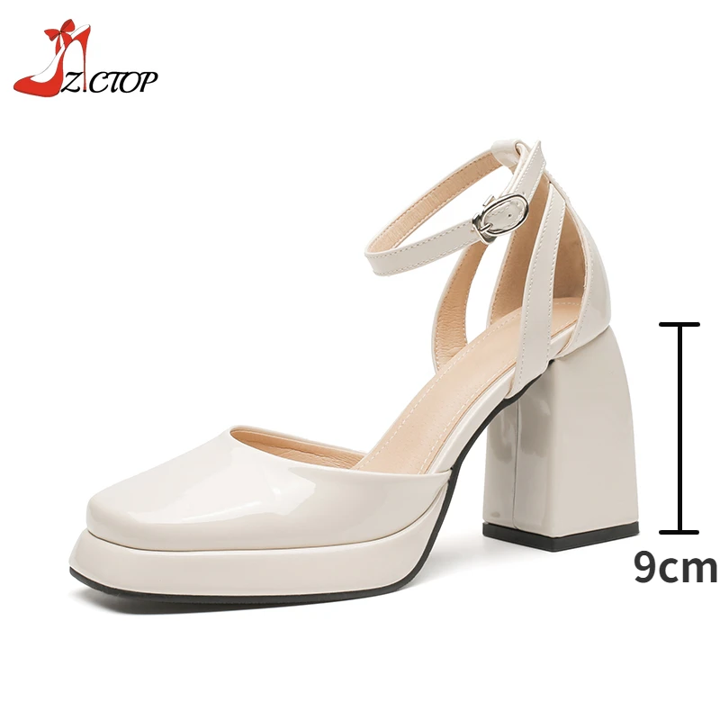 Black High Heels Ankle Strap Platform Pumps Women Fashion Square Toe Chunky Heeled Sandals Beige Wedding Dress Party Shoes