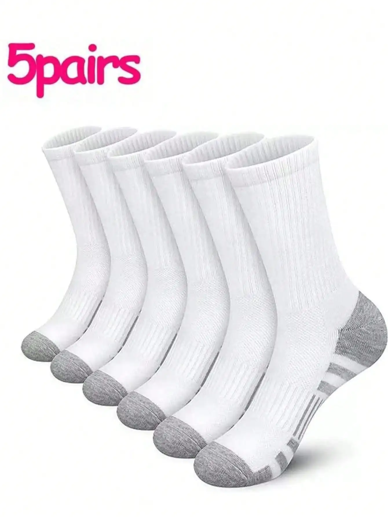 5 pairs of black, white, gray round socks with sizes for men, basketball sports&work socks