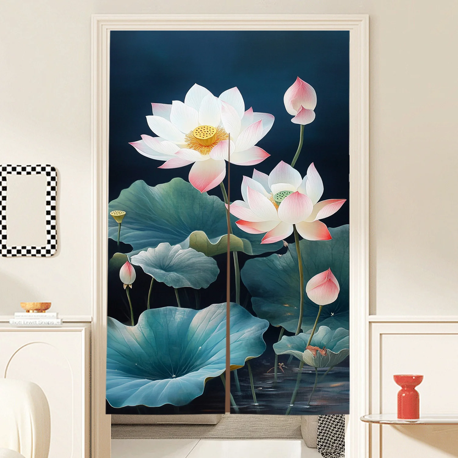 1 piece of Zen lotus pond pattern door curtain, polyester fabric, suitable for bedroom and living room decoration