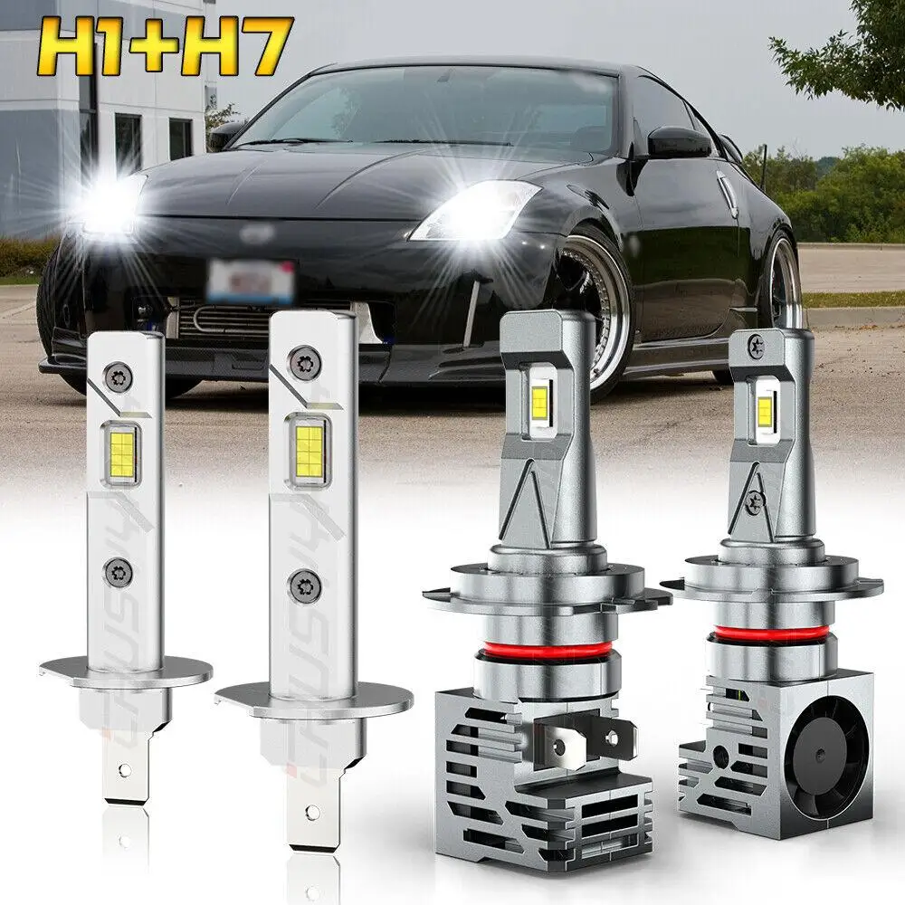 

PCVBMLAUT Car lights 4pc H1+H7 Front LED Headlight Bulbs High Low Beam For Nissan 350Z 2003 2004 2005 Car accsesories