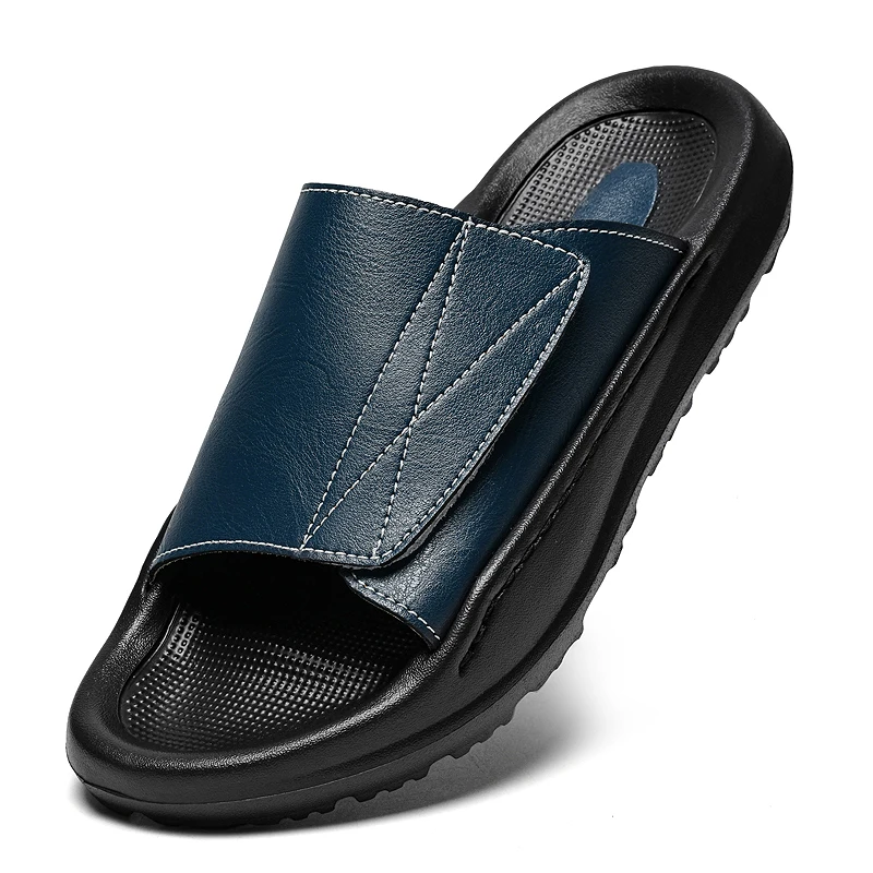 Easy-top Leather Slide Slippers for Men Adjustable Open Shoes Slip-on Backless Sandals Summer Comfort Walking Breathable