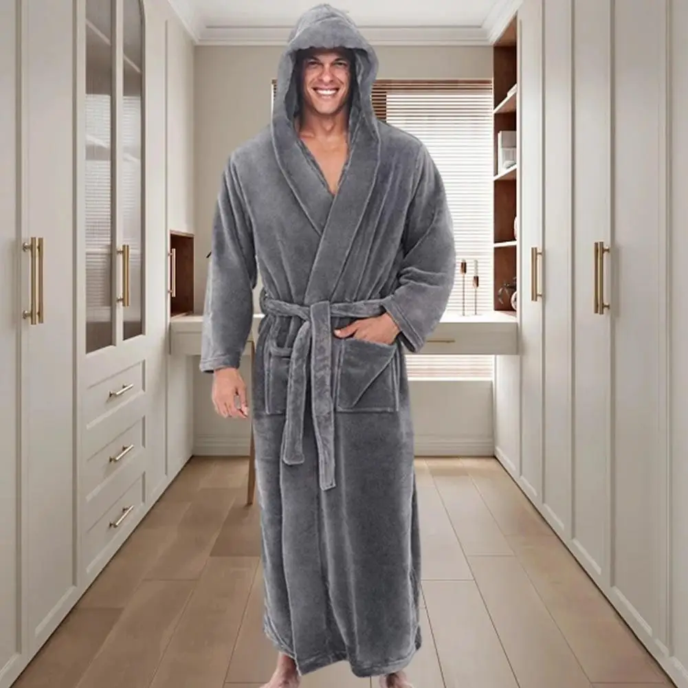 Cozy Bathrobe Luxurious Men\'s Hooded Bathrobe with Adjustable Belt Ultra Soft Absorbent Male Robe with Pockets Plush Solid Color