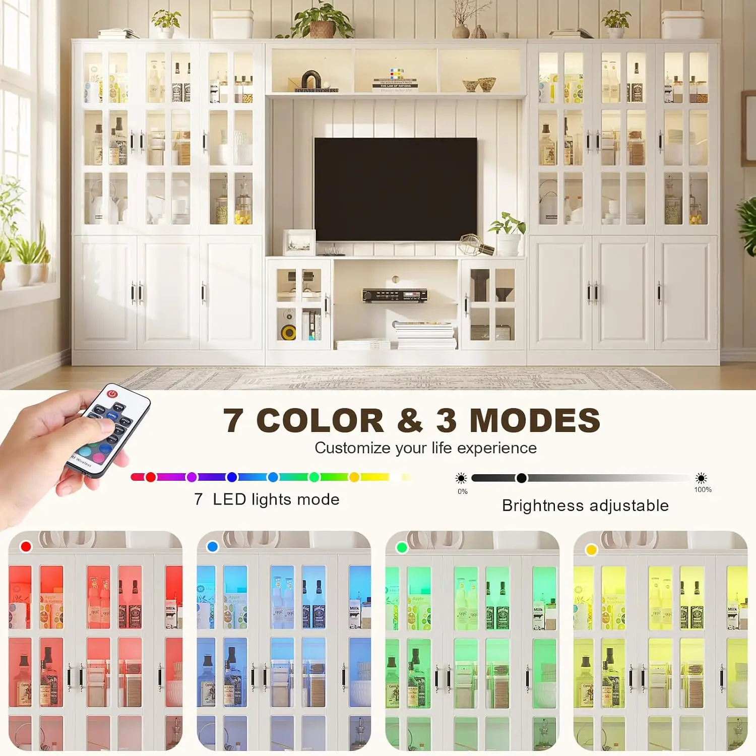 4-Piece Wall Unit TV Stand with Storage & LED Lights for TVs up to 70", Modern Entertainment Center with Bookshelves & 6-Door Pa