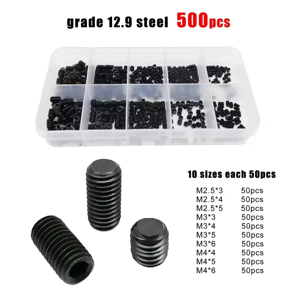 500PCS DIN916 플랫 엔드 기계 미터 육각형 둥근 머리 나사 M2.5 M3 M4 스테인레스 스틸 12.9 탄소강