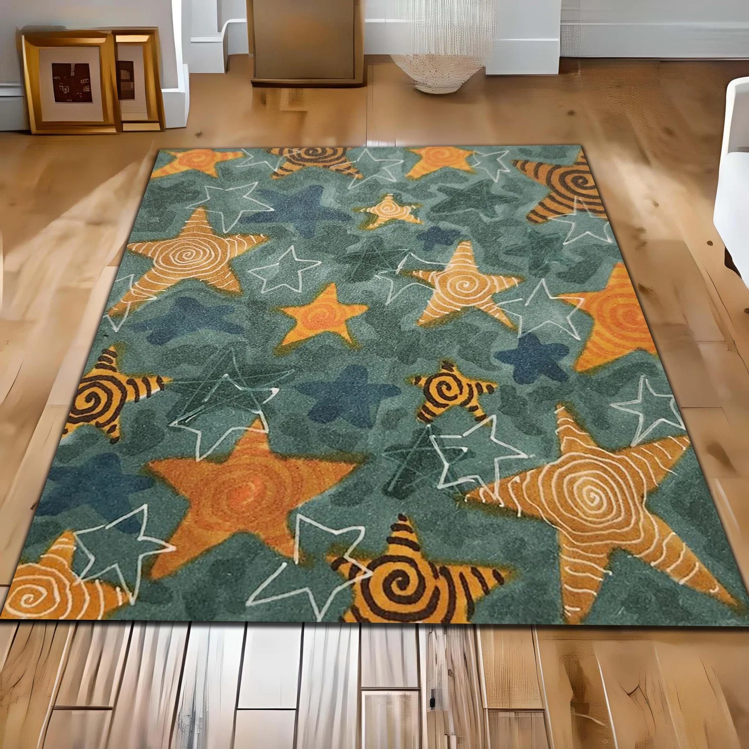 Room Decor Rug, Vintage Multicolor Star Spiral Print Area Carpet, Cute Retro Star Pattern Floor Mat, Plush rug for bedroom, rugs for livingroom, home decor, Rectangle Decor Carpet For Kids Room, Playroom, Nur