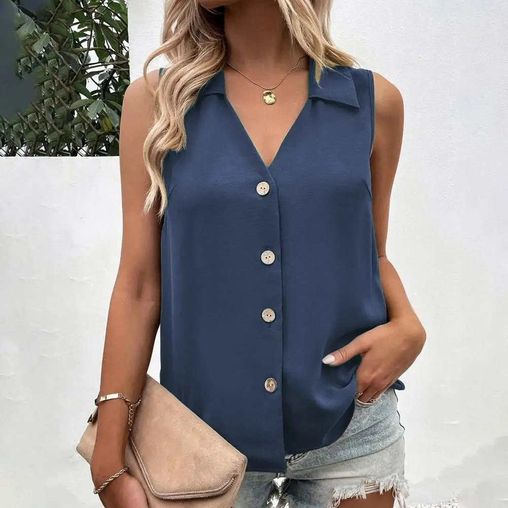 2025 Women Summer T-Shirt Vest Solid Color Tank Top Oversize V-Neck Sleeveless Button Single-breasted Mid Length Commuting Vest