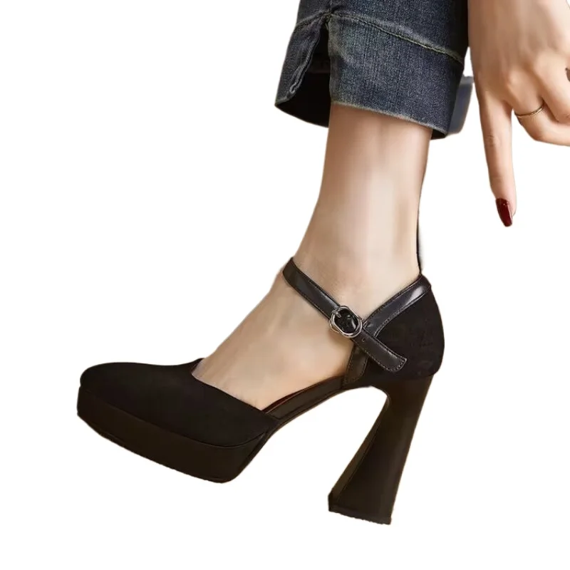 New Square Heeled Suede High Heels for Women Shoes Spring 2025 Waterproof Platform Thick Sole Pointed Buckle Strap Shallow Pumps